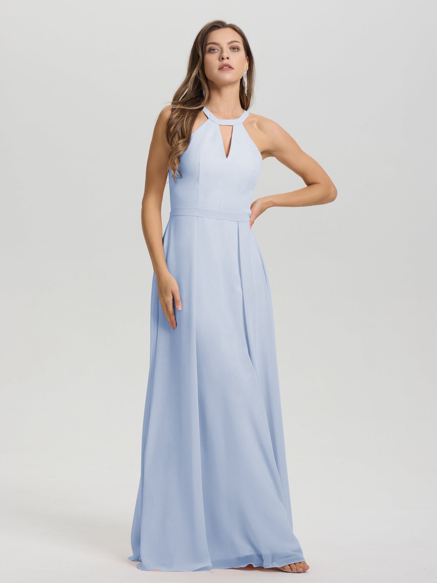 A-Line Hater Key Hole Sleeveless Floor Length Chiffon Bridesmaid Dress