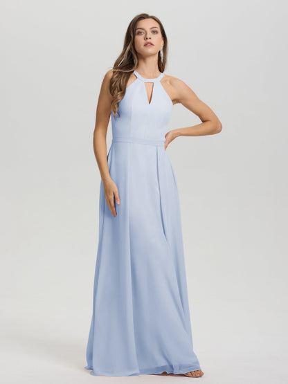 A-Line Hater Key Hole Sleeveless Floor Length Chiffon Bridesmaid Dress