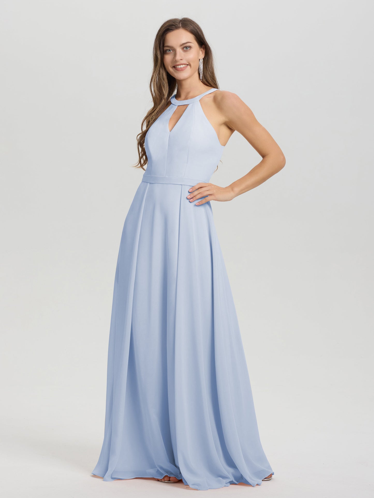 A-Line Hater Key Hole Sleeveless Floor Length Chiffon Bridesmaid Dress