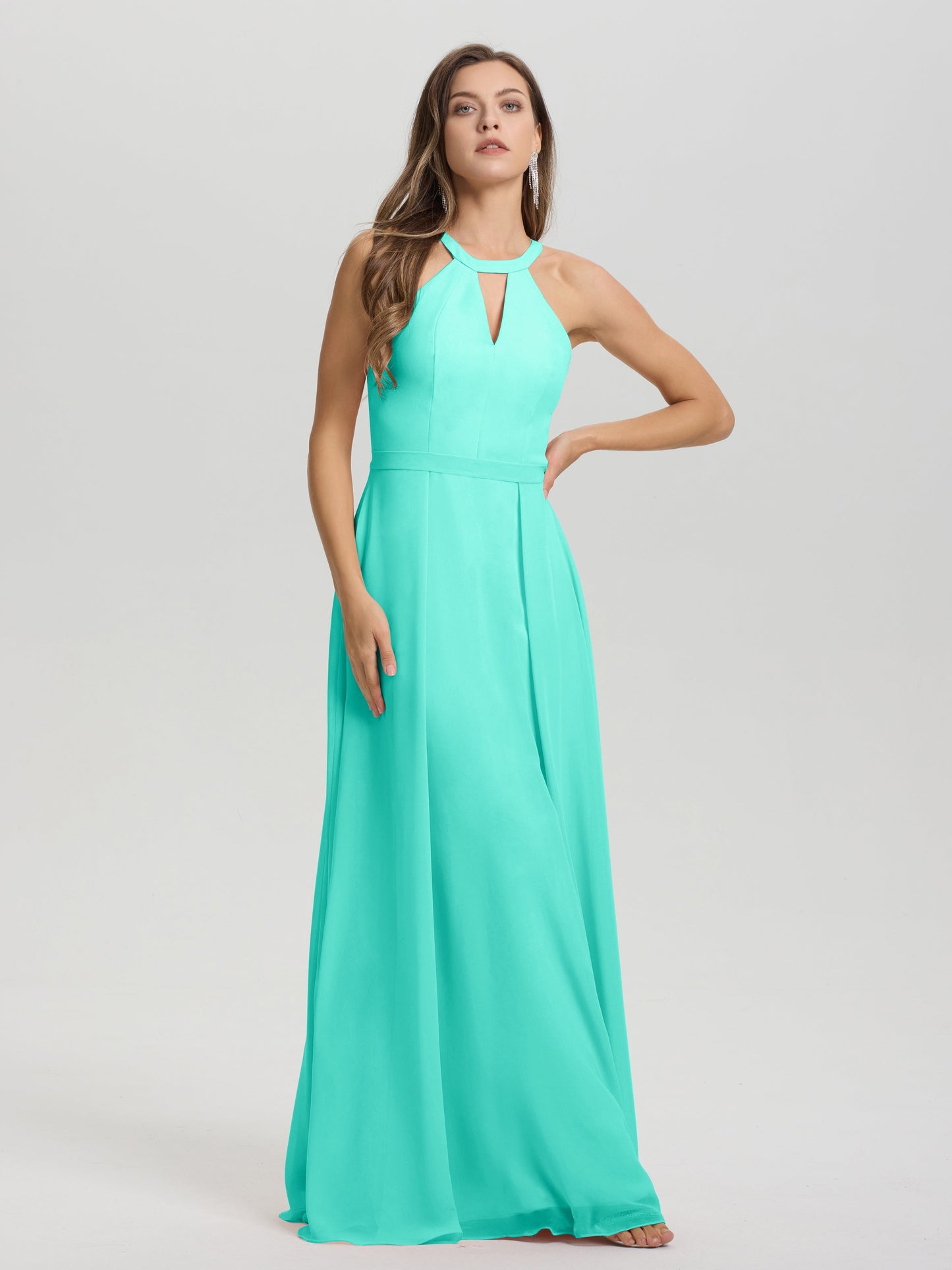 A-Line Hater Key Hole Sleeveless Floor Length Chiffon Bridesmaid Dress