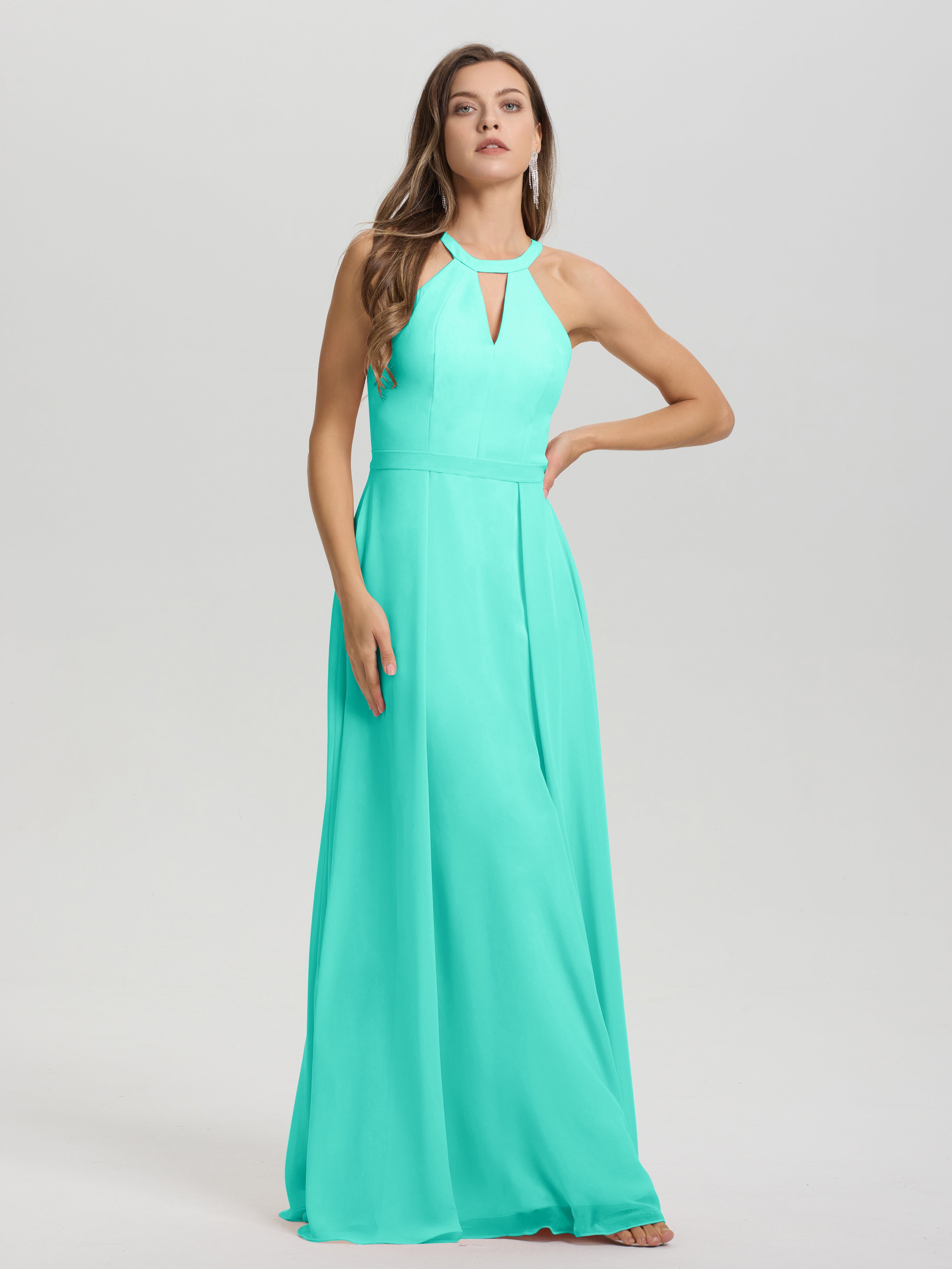 A-Line Hater Key Hole Sleeveless Floor Length Chiffon Bridesmaid Dress