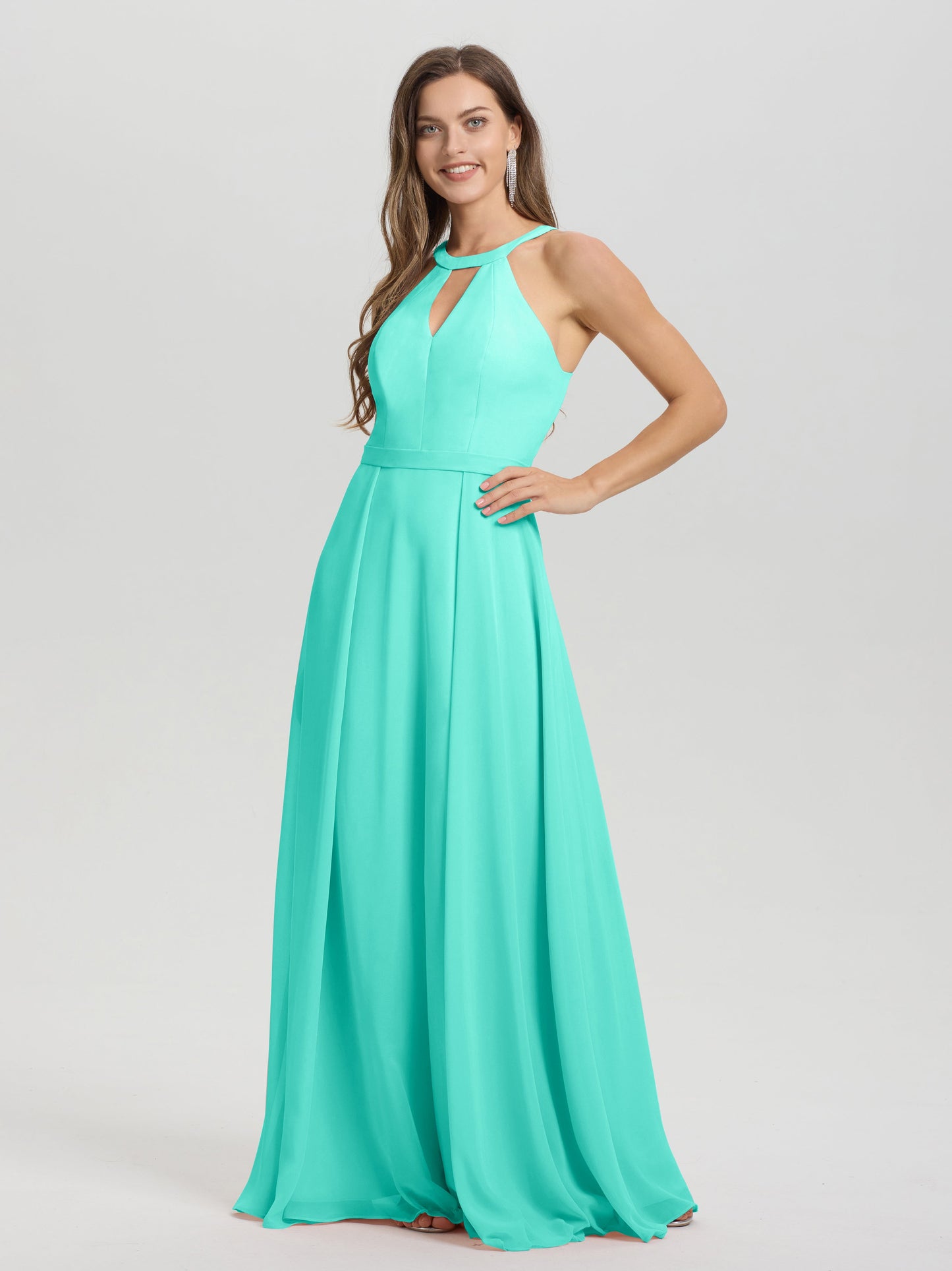 A-Line Hater Key Hole Sleeveless Floor Length Chiffon Bridesmaid Dress