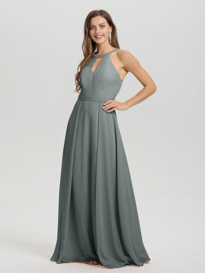 A-Line Hater Key Hole Sleeveless Floor Length Chiffon Bridesmaid Dress