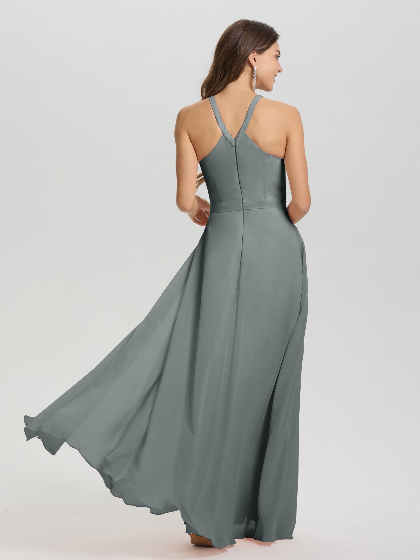 A-Line Hater Key Hole Sleeveless Floor Length Chiffon Bridesmaid Dress