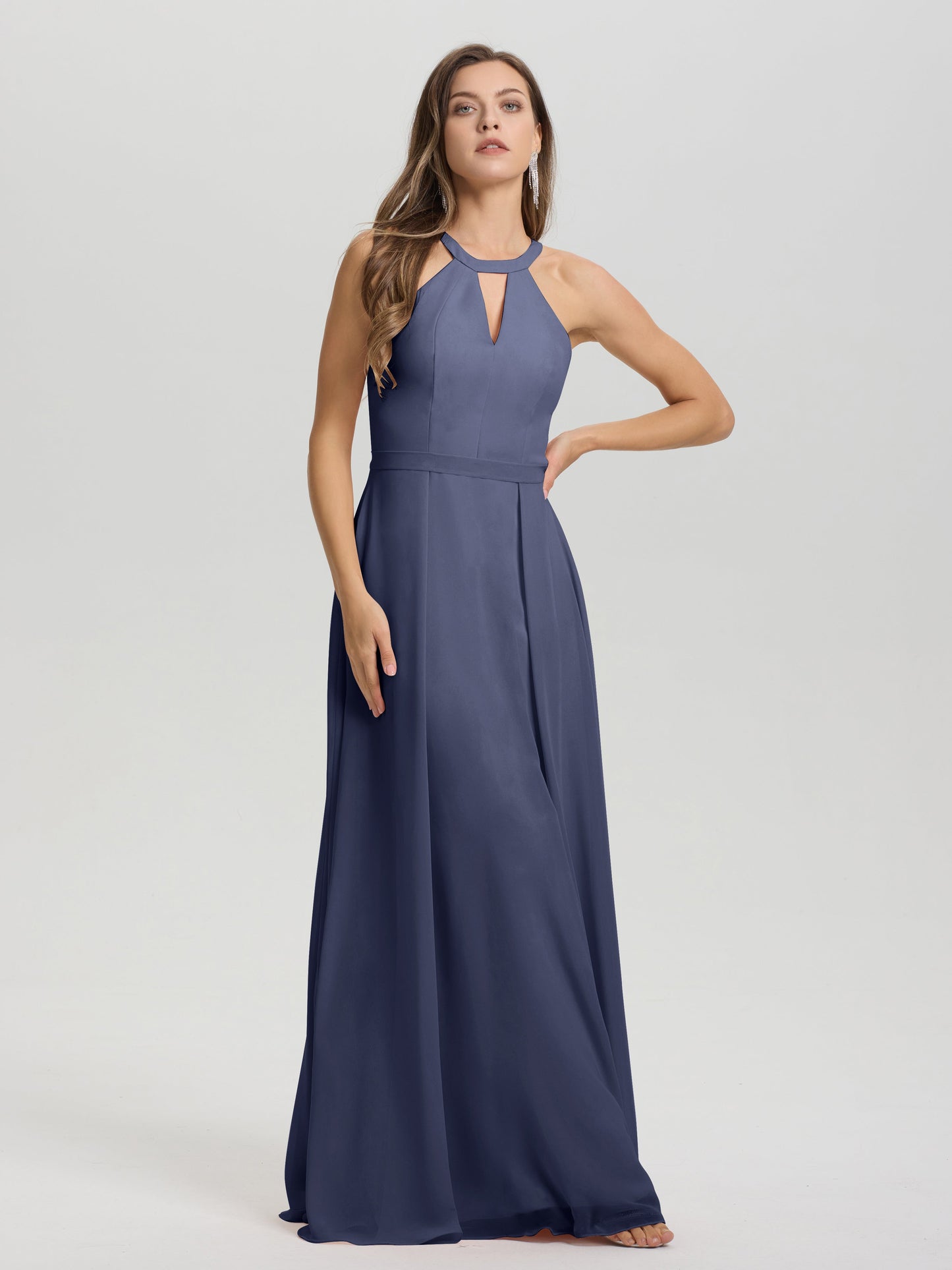 A-Line Hater Key Hole Sleeveless Floor Length Chiffon Bridesmaid Dress