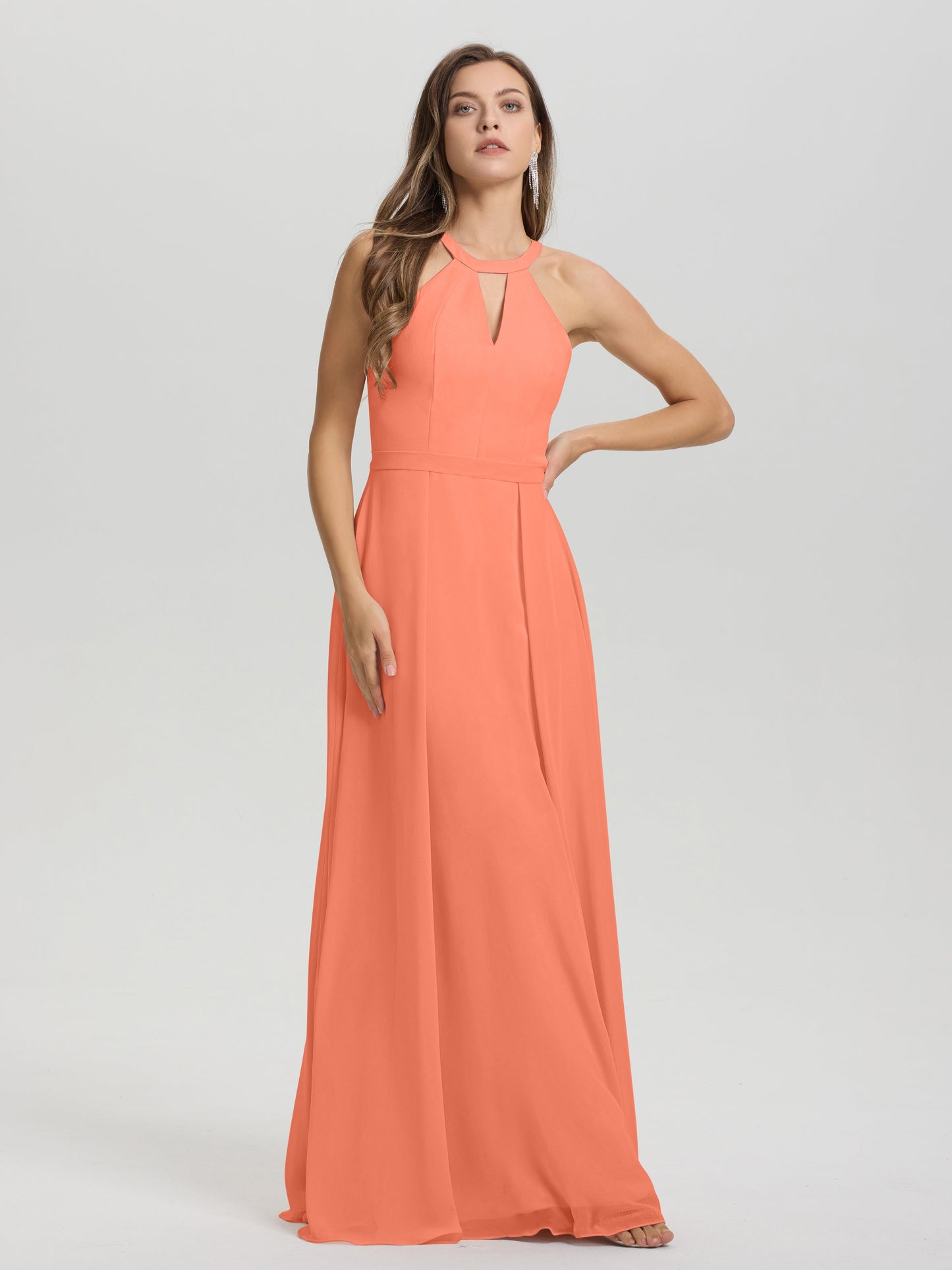 A-Line Hater Key Hole Sleeveless Floor Length Chiffon Bridesmaid Dress