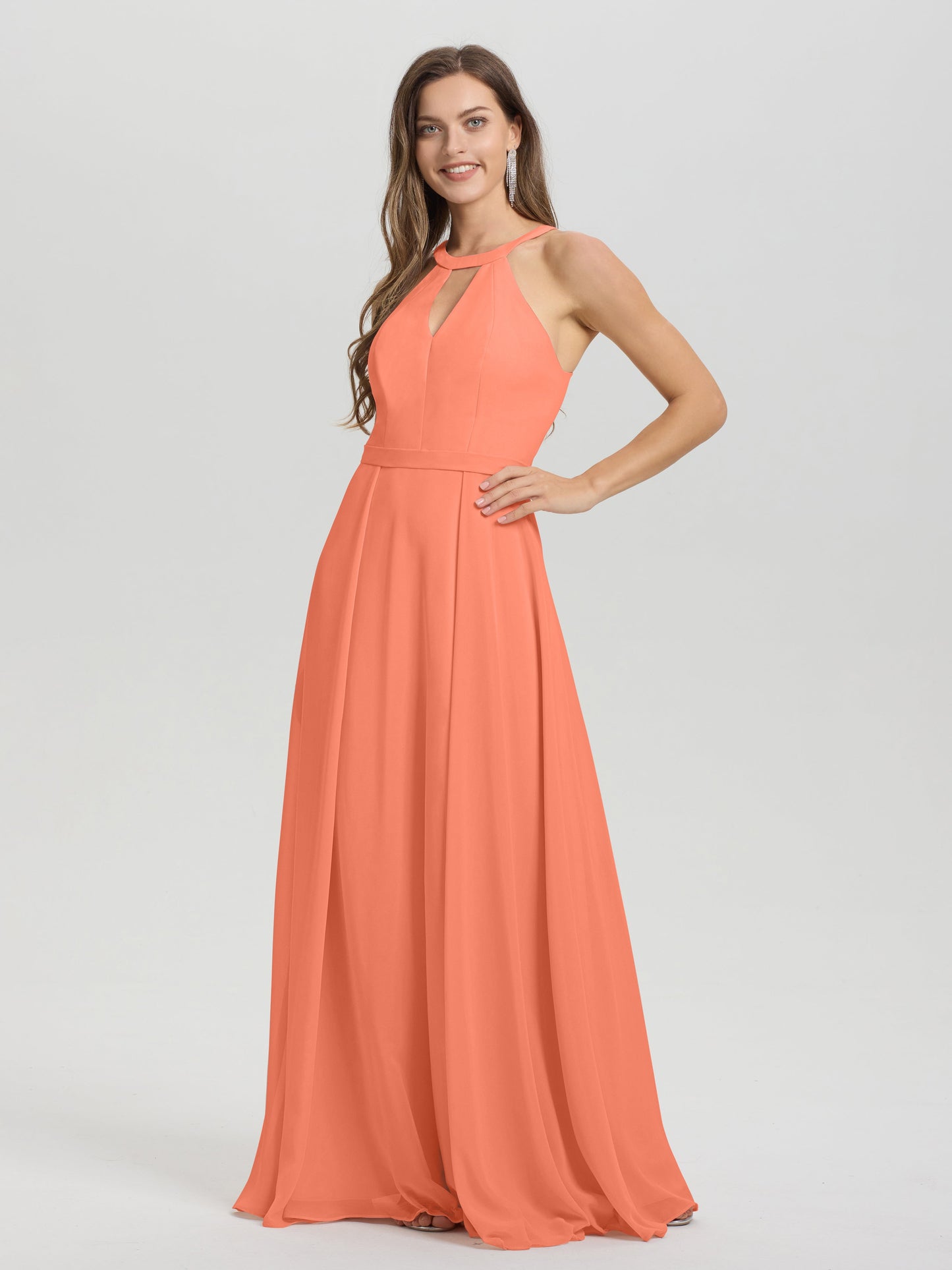 A-Line Hater Key Hole Sleeveless Floor Length Chiffon Bridesmaid Dress