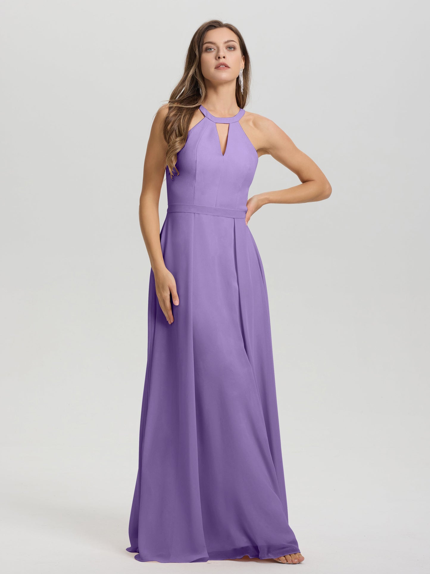 A-Line Hater Key Hole Sleeveless Floor Length Chiffon Bridesmaid Dress