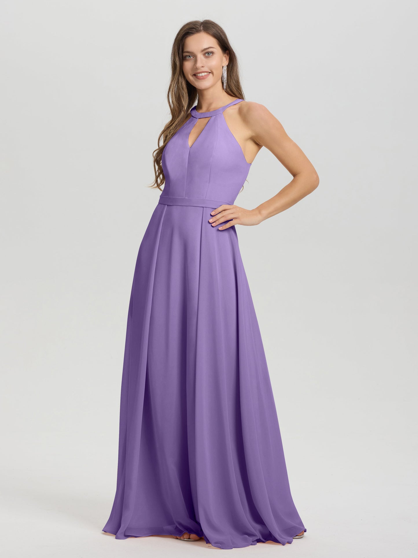 A-Line Hater Key Hole Sleeveless Floor Length Chiffon Bridesmaid Dress