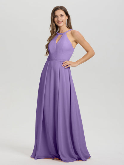A-Line Hater Key Hole Sleeveless Floor Length Chiffon Bridesmaid Dress