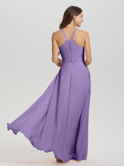 A-Line Hater Key Hole Sleeveless Floor Length Chiffon Bridesmaid Dress