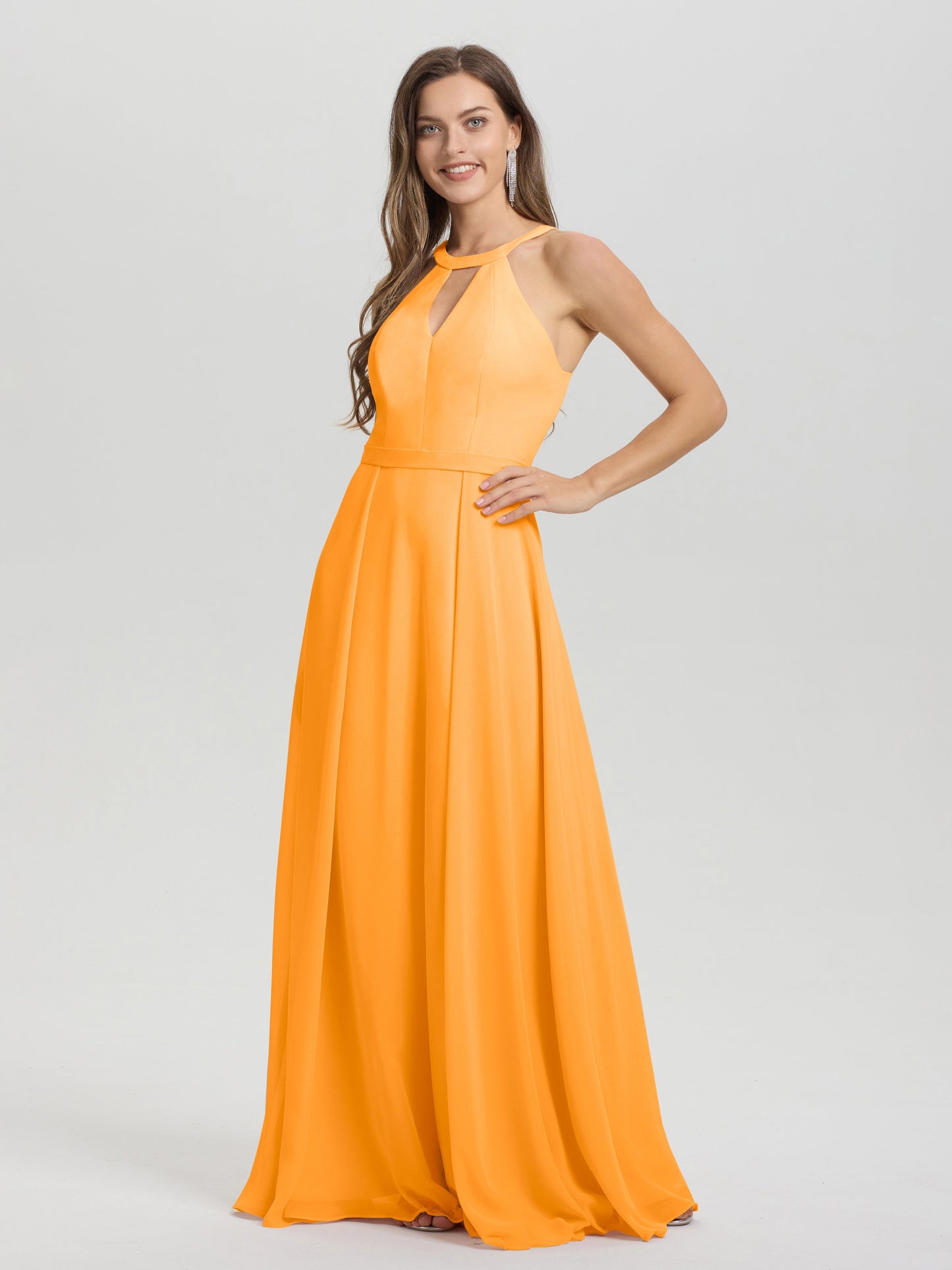 A-Line Hater Key Hole Sleeveless Floor Length Chiffon Bridesmaid Dress