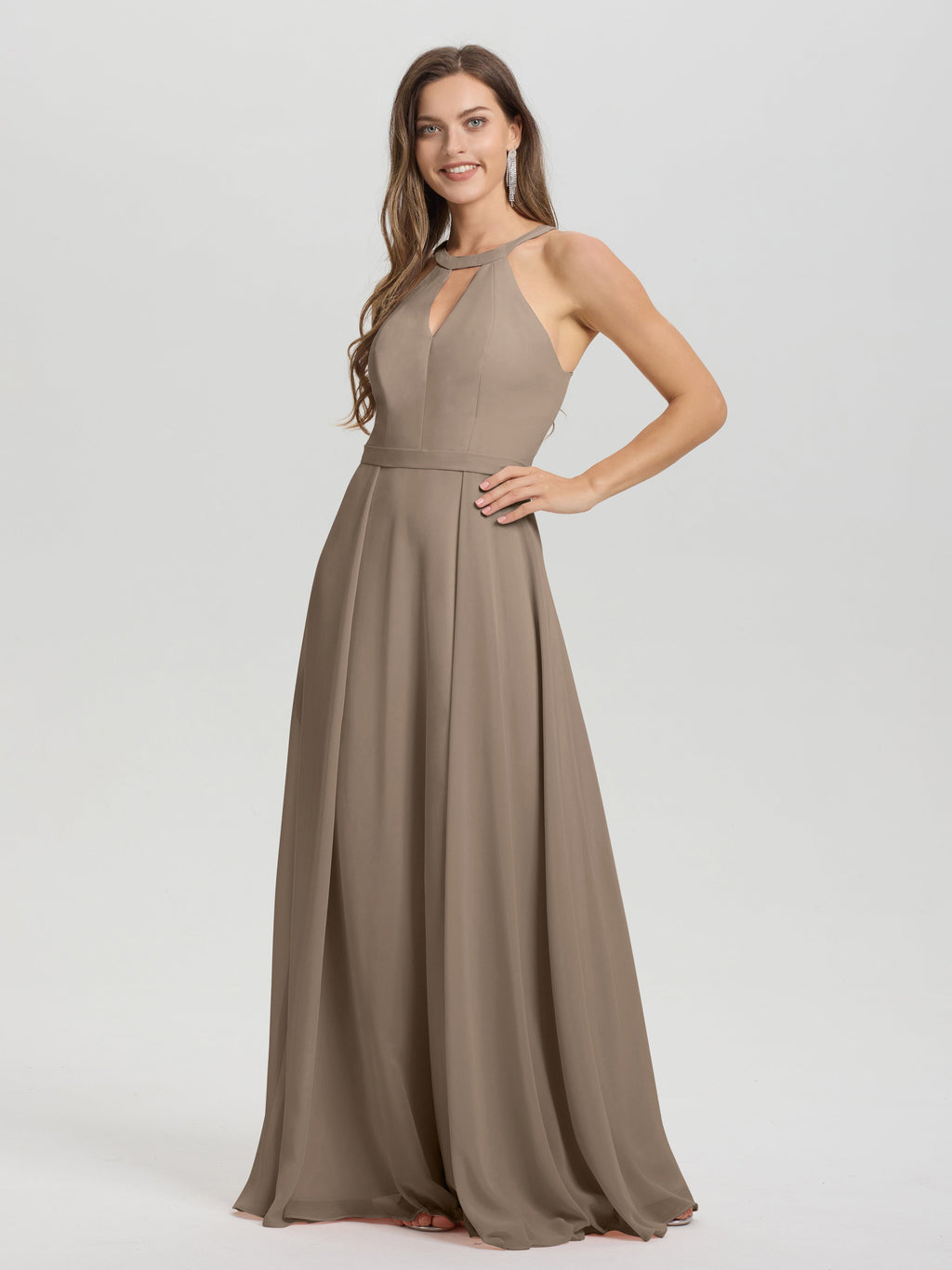 A-Line Hater Key Hole Sleeveless Floor Length Chiffon Bridesmaid Dress