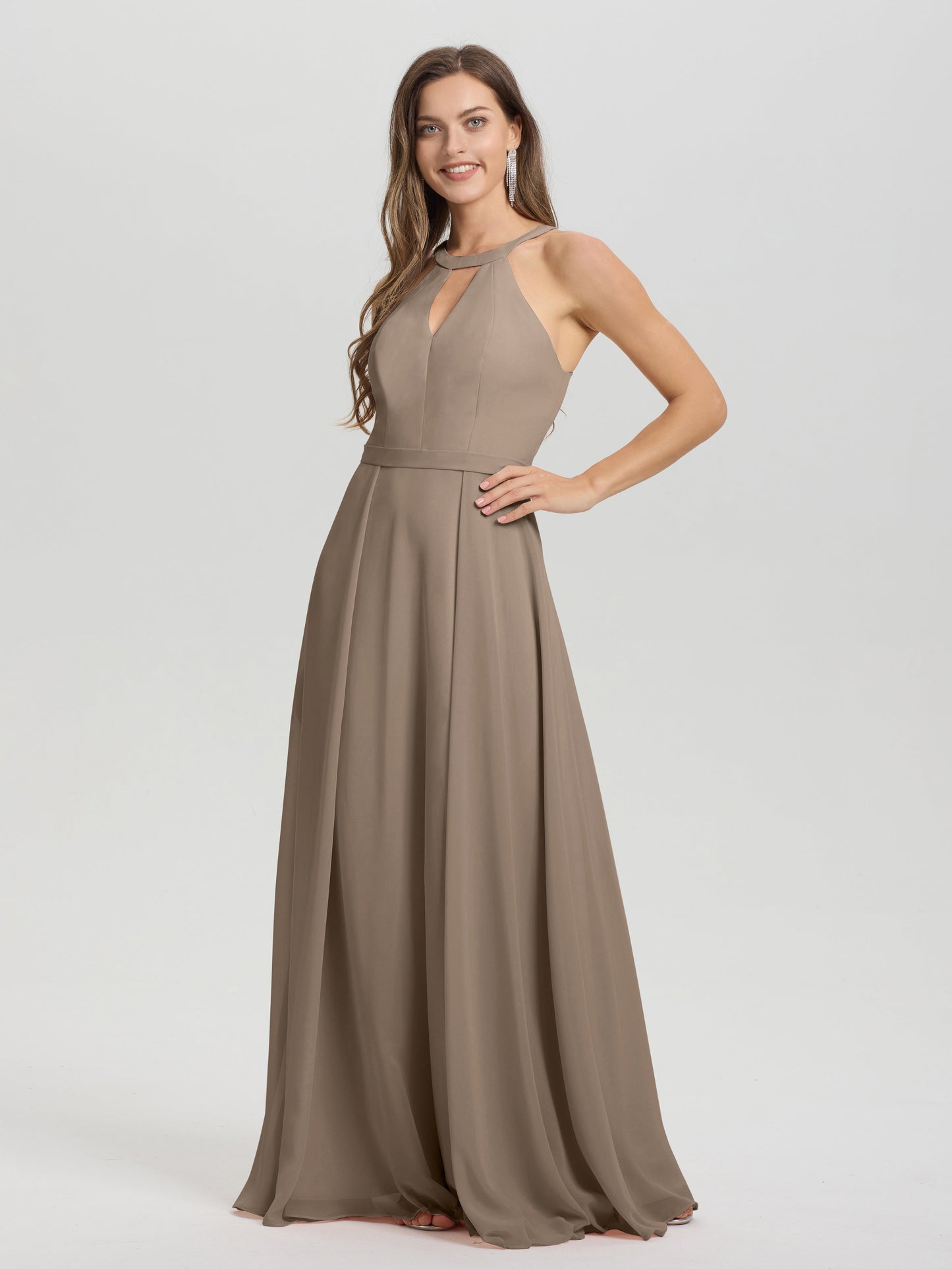 A-Line Hater Key Hole Sleeveless Floor Length Chiffon Bridesmaid Dress
