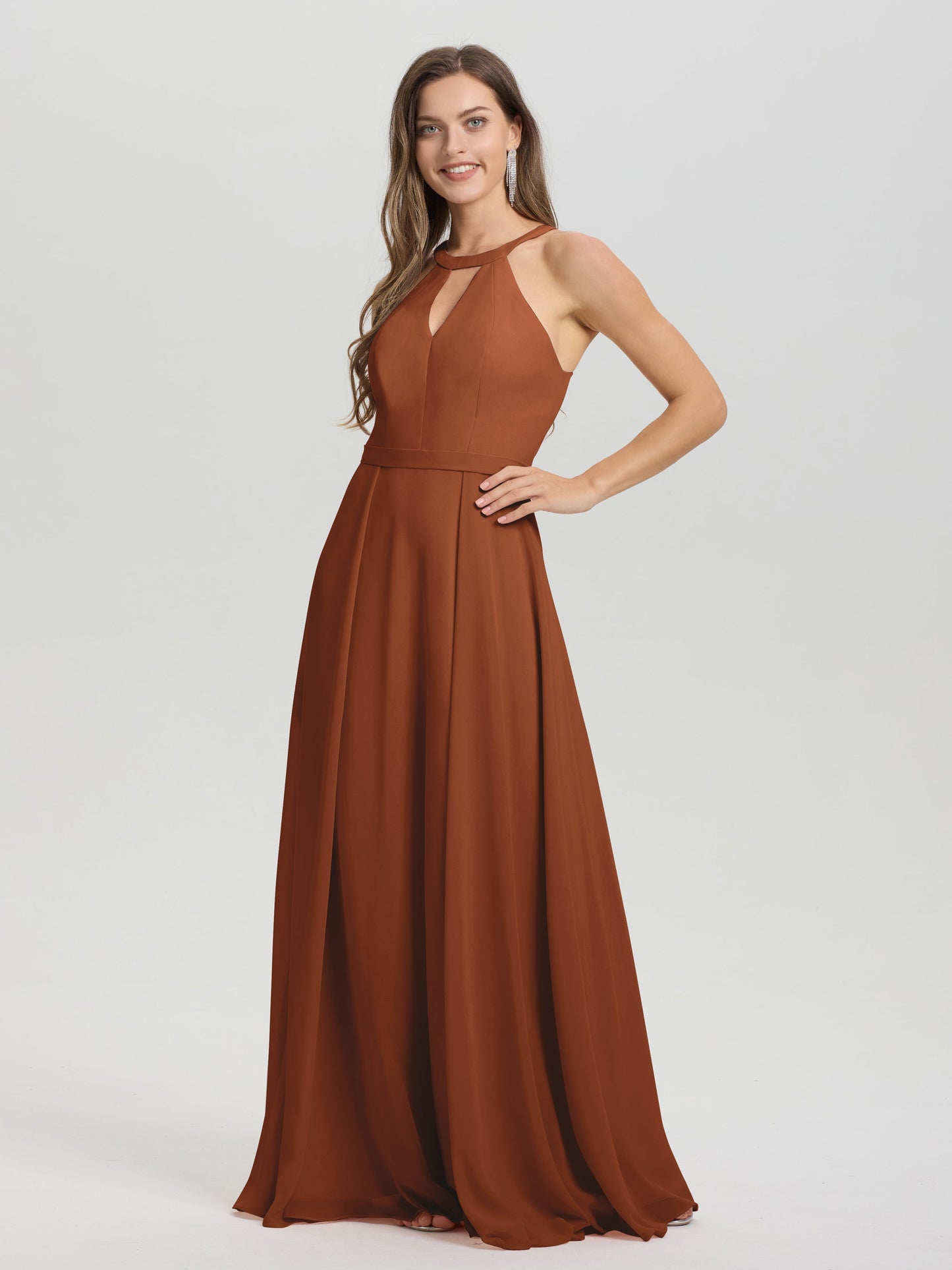 A-Line Hater Key Hole Sleeveless Floor Length Chiffon Bridesmaid Dress