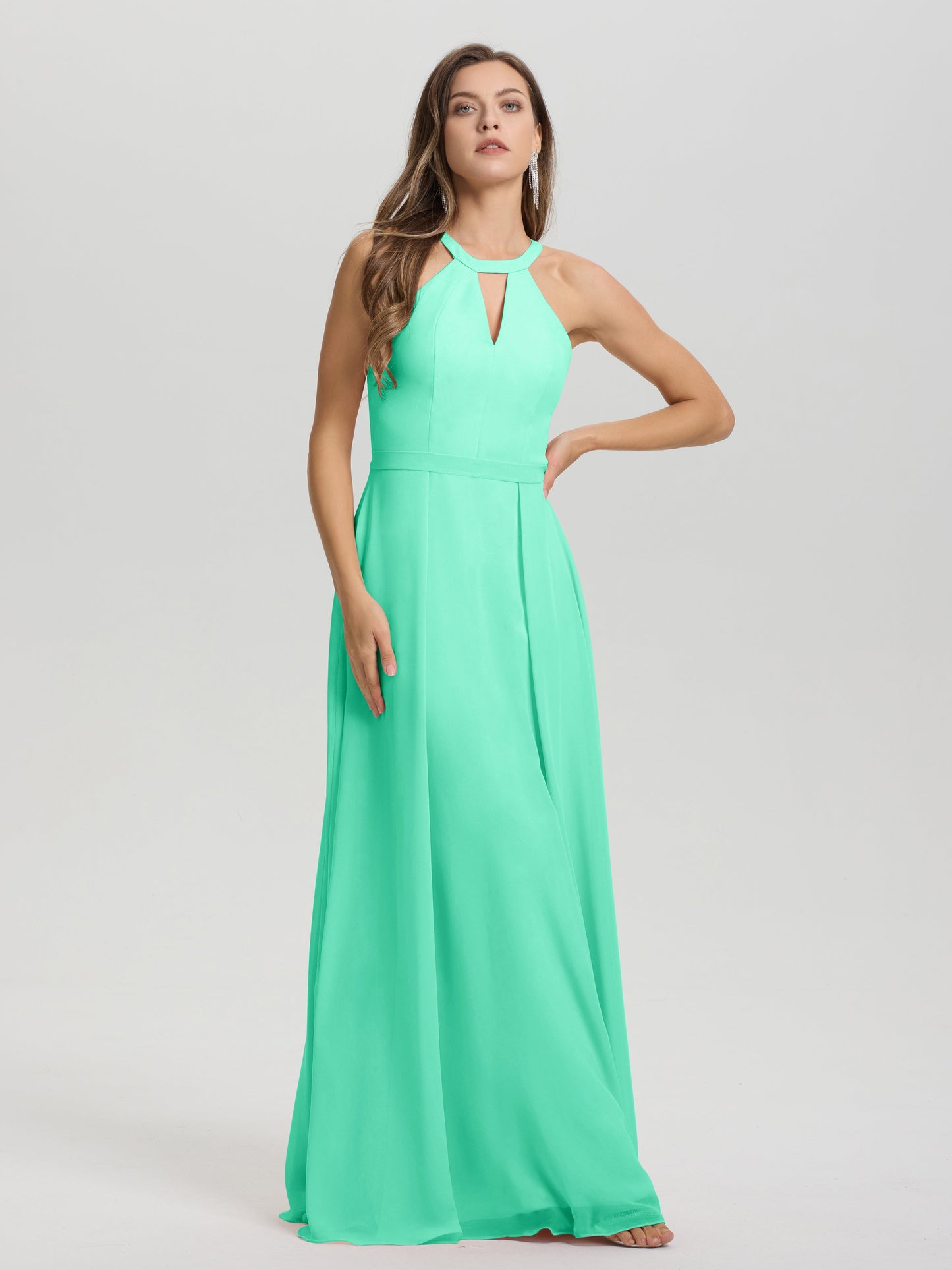 A-Line Hater Key Hole Sleeveless Floor Length Chiffon Bridesmaid Dress