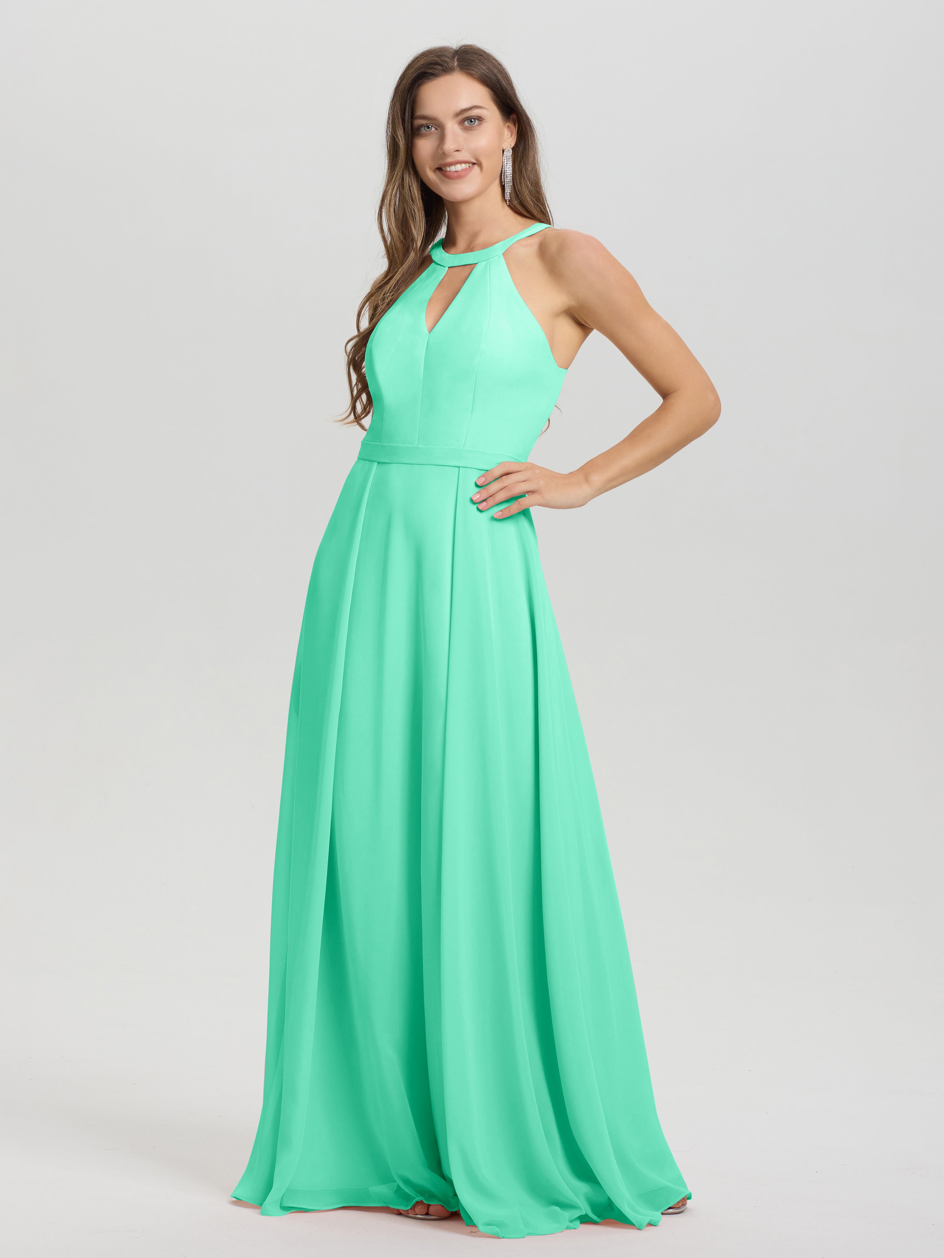 A-Line Hater Key Hole Sleeveless Floor Length Chiffon Bridesmaid Dress