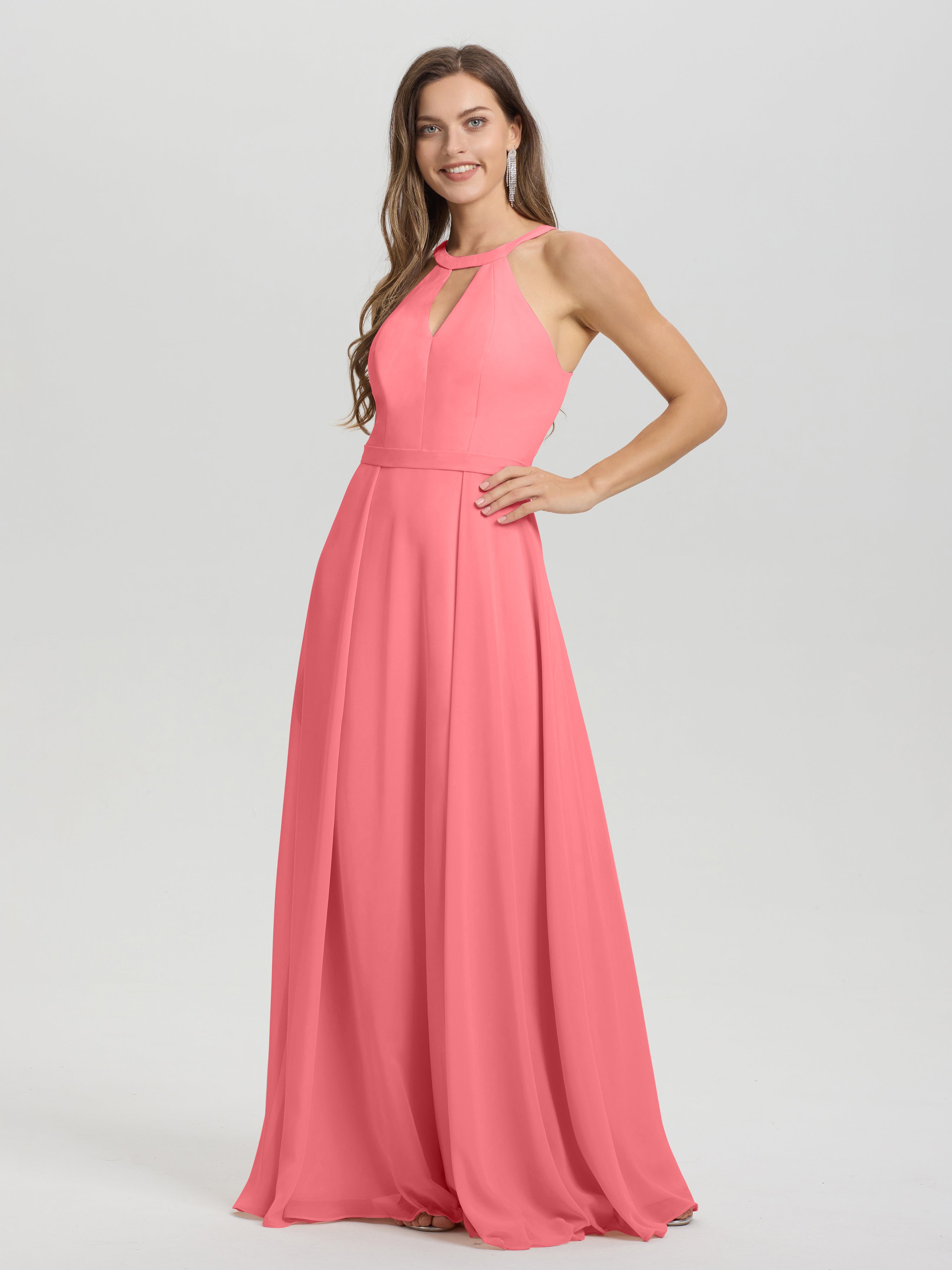 A-Line Hater Key Hole Sleeveless Floor Length Chiffon Bridesmaid Dress
