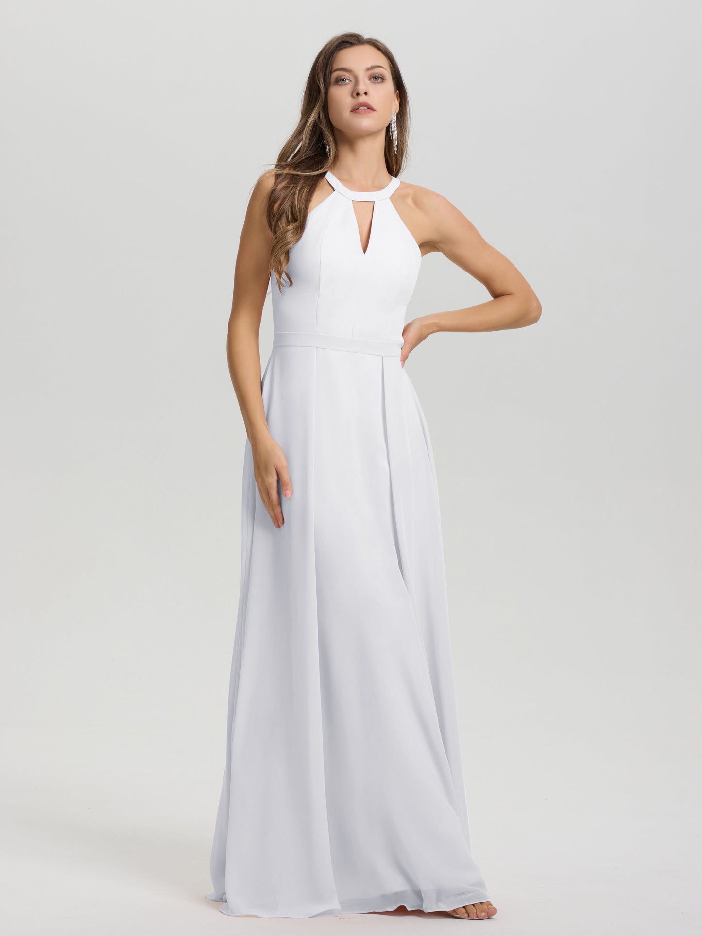 A-Line Hater Key Hole Sleeveless Floor Length Chiffon Bridesmaid Dress
