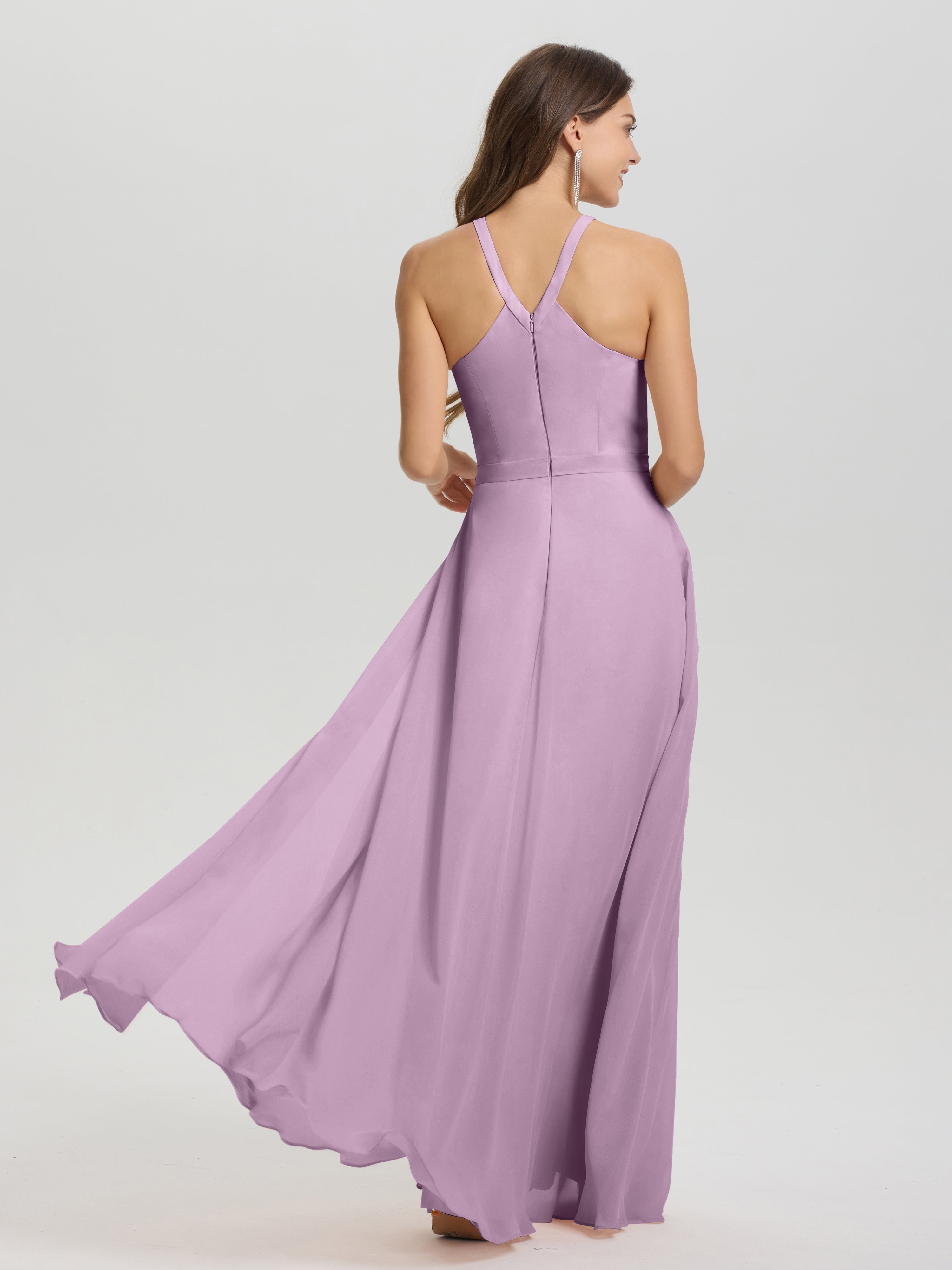 A-Line Hater Key Hole Sleeveless Floor Length Chiffon Bridesmaid Dress