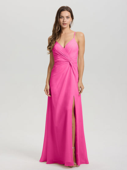 A-Line Spaghetti Straps Ruched Floor Length Chiffon Bridesmaid Dress