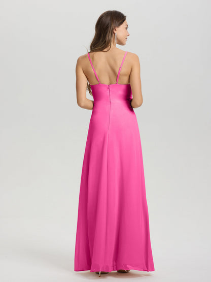 A-Line Spaghetti Straps Ruched Floor Length Chiffon Bridesmaid Dress