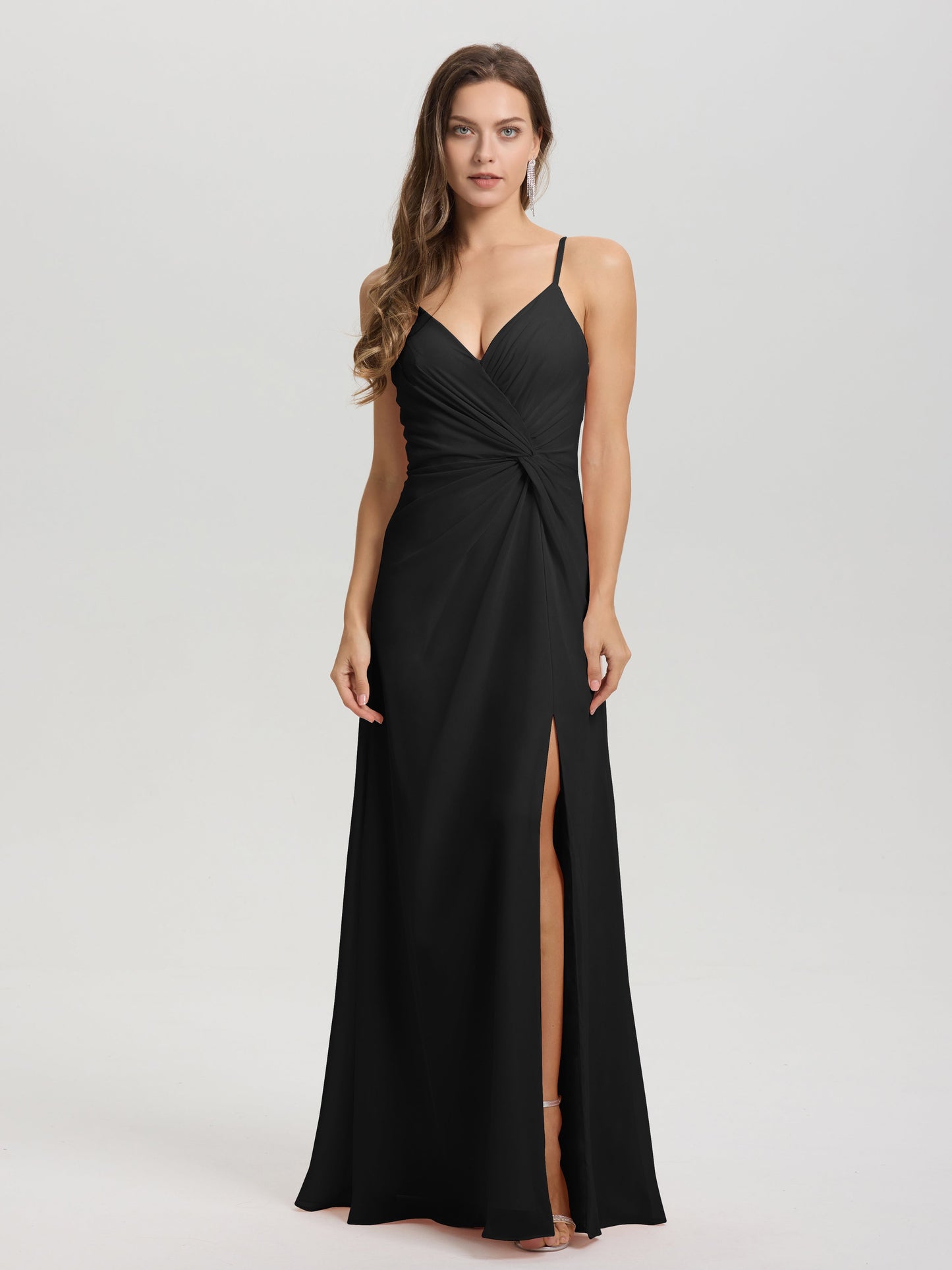 A-Line Spaghetti Straps Ruched Floor Length Chiffon Bridesmaid Dress