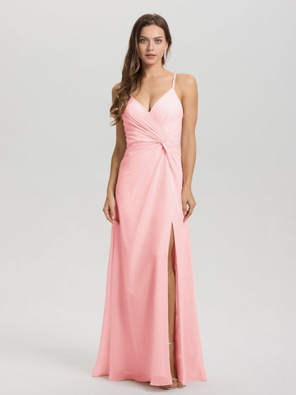 A-Line Spaghetti Straps Ruched Floor Length Chiffon Bridesmaid Dress