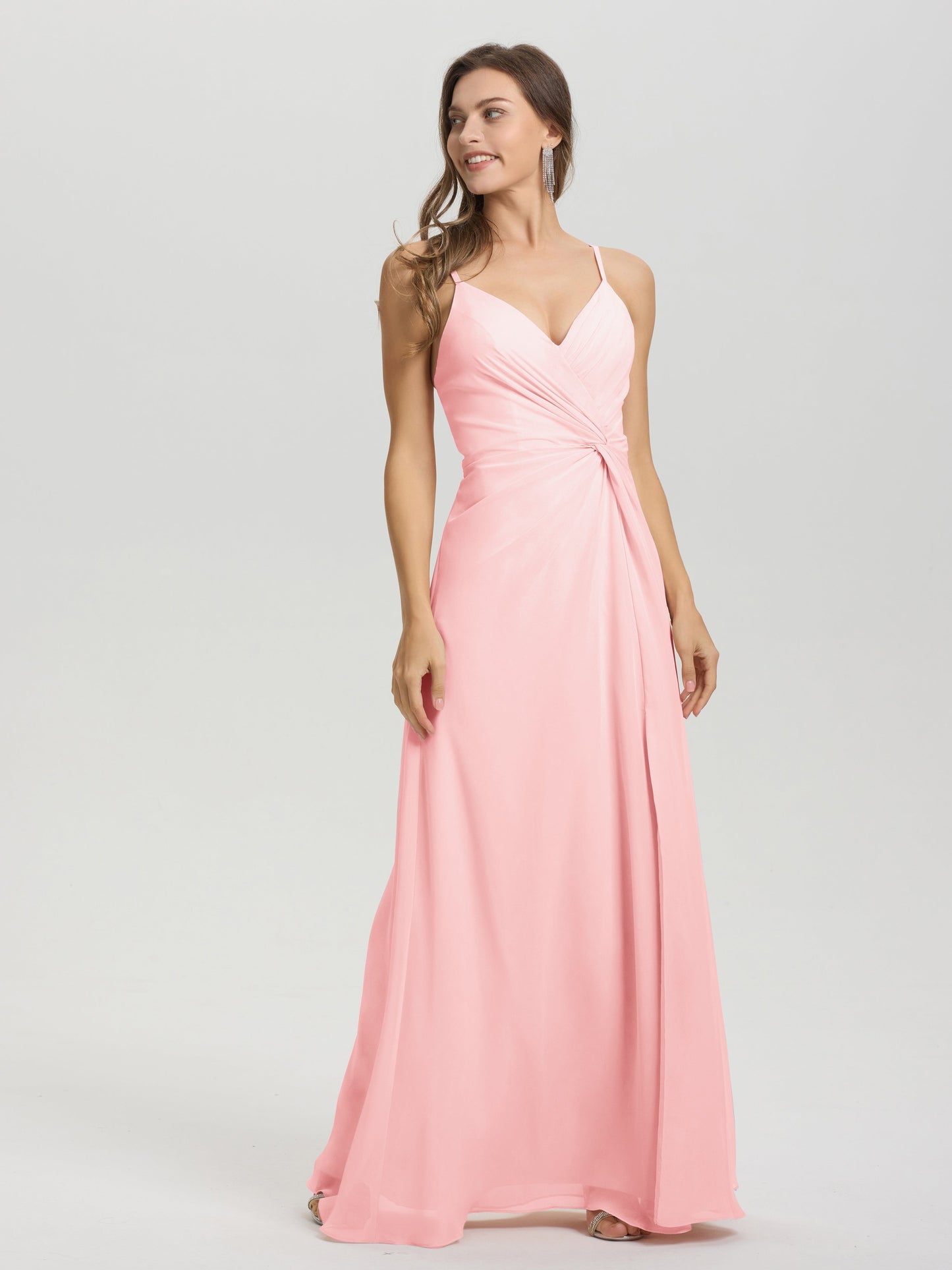 A-Line Spaghetti Straps Ruched Floor Length Chiffon Bridesmaid Dress