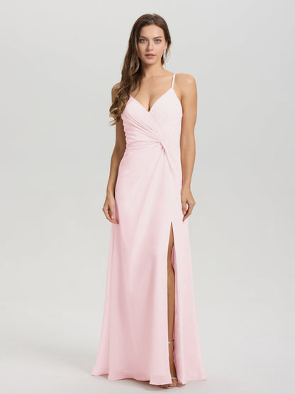 A-Line Spaghetti Straps Ruched Floor Length Chiffon Bridesmaid Dress