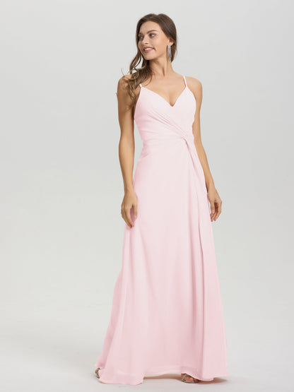 A-Line Spaghetti Straps Ruched Floor Length Chiffon Bridesmaid Dress