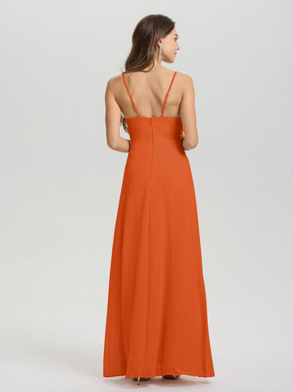 A-Line Spaghetti Straps Ruched Floor Length Chiffon Bridesmaid Dress