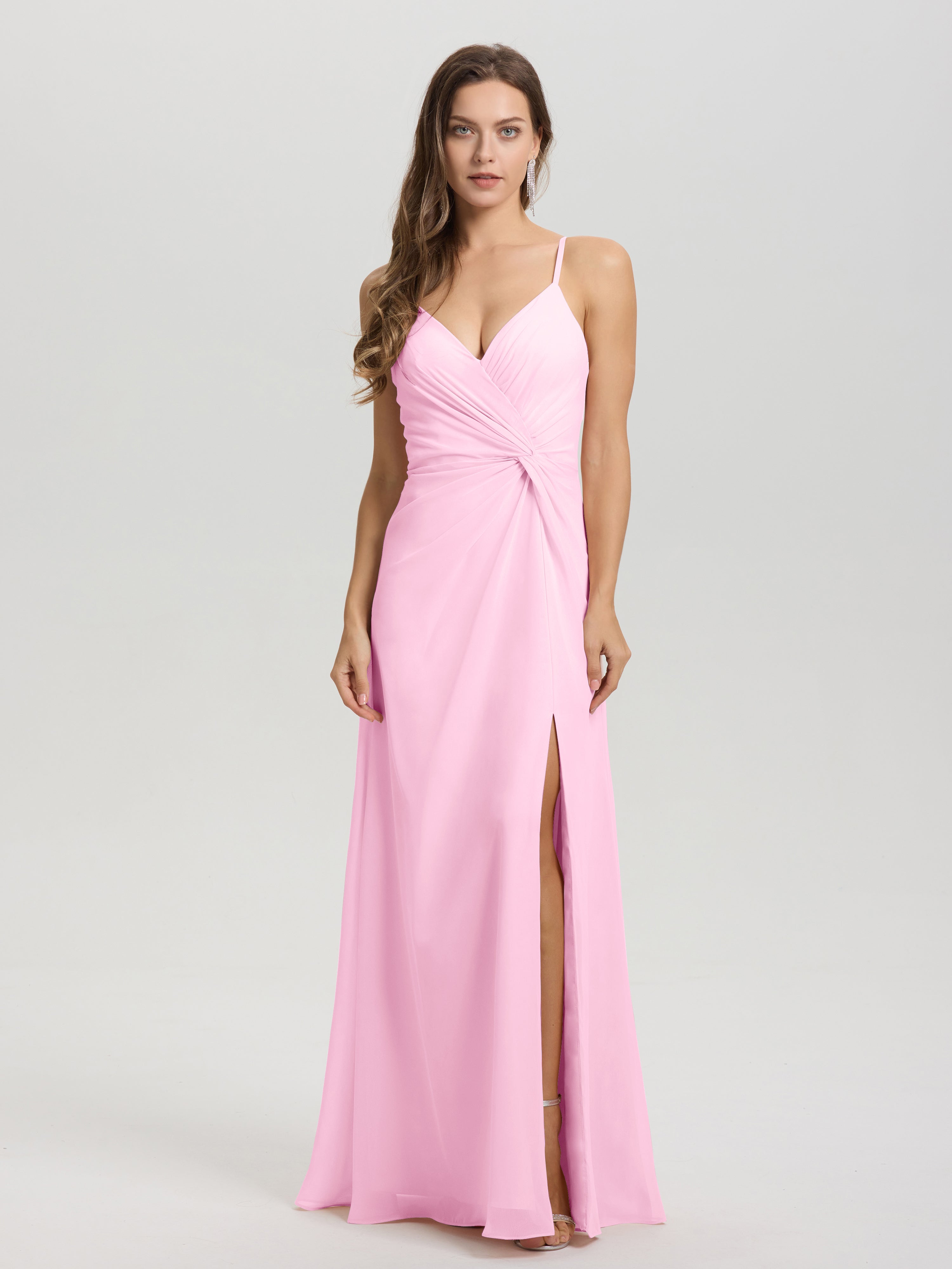 A-Line Spaghetti Straps Ruched Floor Length Chiffon Bridesmaid Dress