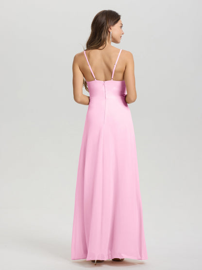 A-Line Spaghetti Straps Ruched Floor Length Chiffon Bridesmaid Dress
