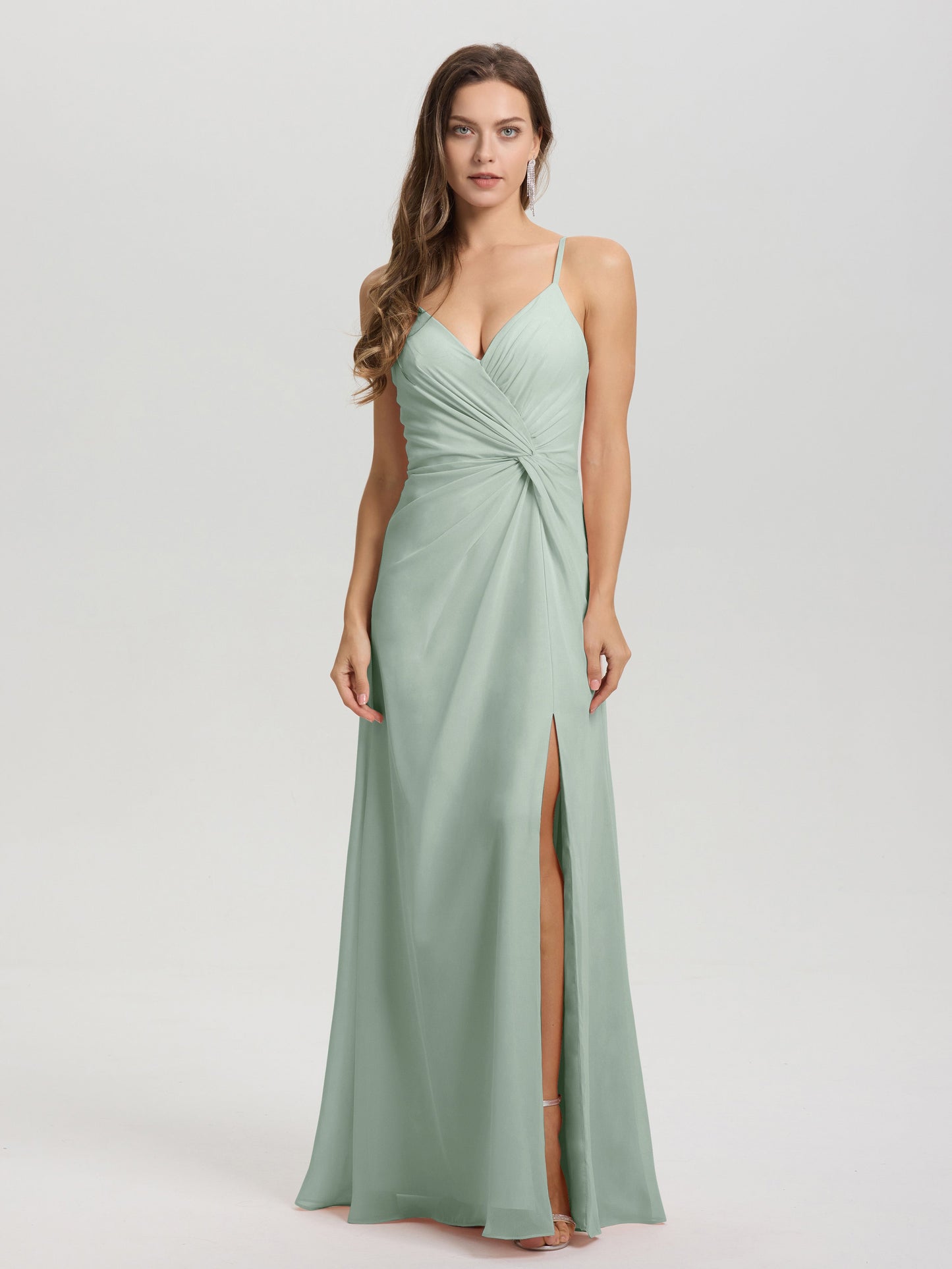 A-Line Spaghetti Straps Ruched Floor Length Chiffon Bridesmaid Dress