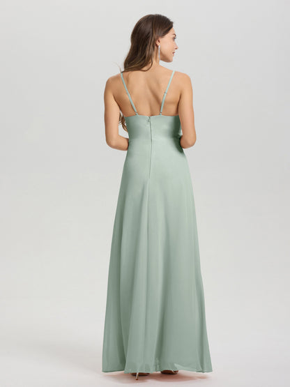 A-Line Spaghetti Straps Ruched Floor Length Chiffon Bridesmaid Dress