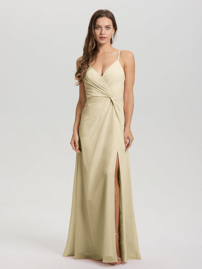 A-Line Spaghetti Straps Ruched Floor Length Chiffon Bridesmaid Dress
