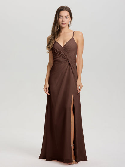 A-Line Spaghetti Straps Ruched Floor Length Chiffon Bridesmaid Dress