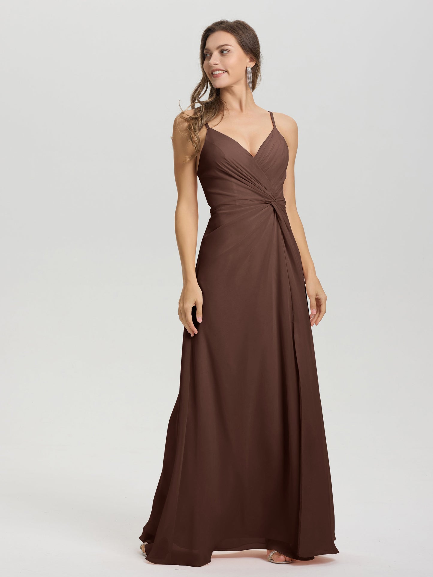 A-Line Spaghetti Straps Ruched Floor Length Chiffon Bridesmaid Dress