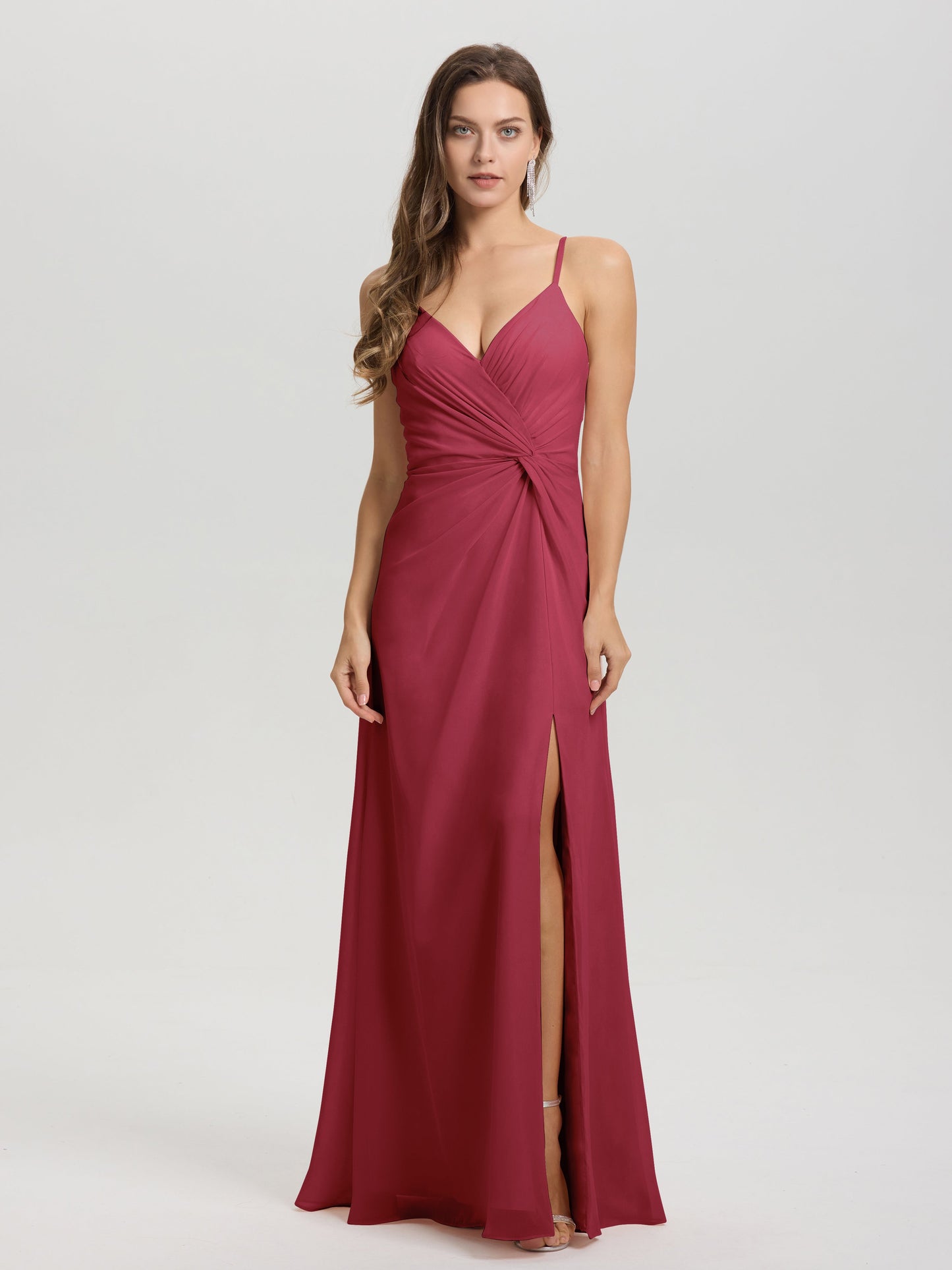 A-Line Spaghetti Straps Ruched Floor Length Chiffon Bridesmaid Dress