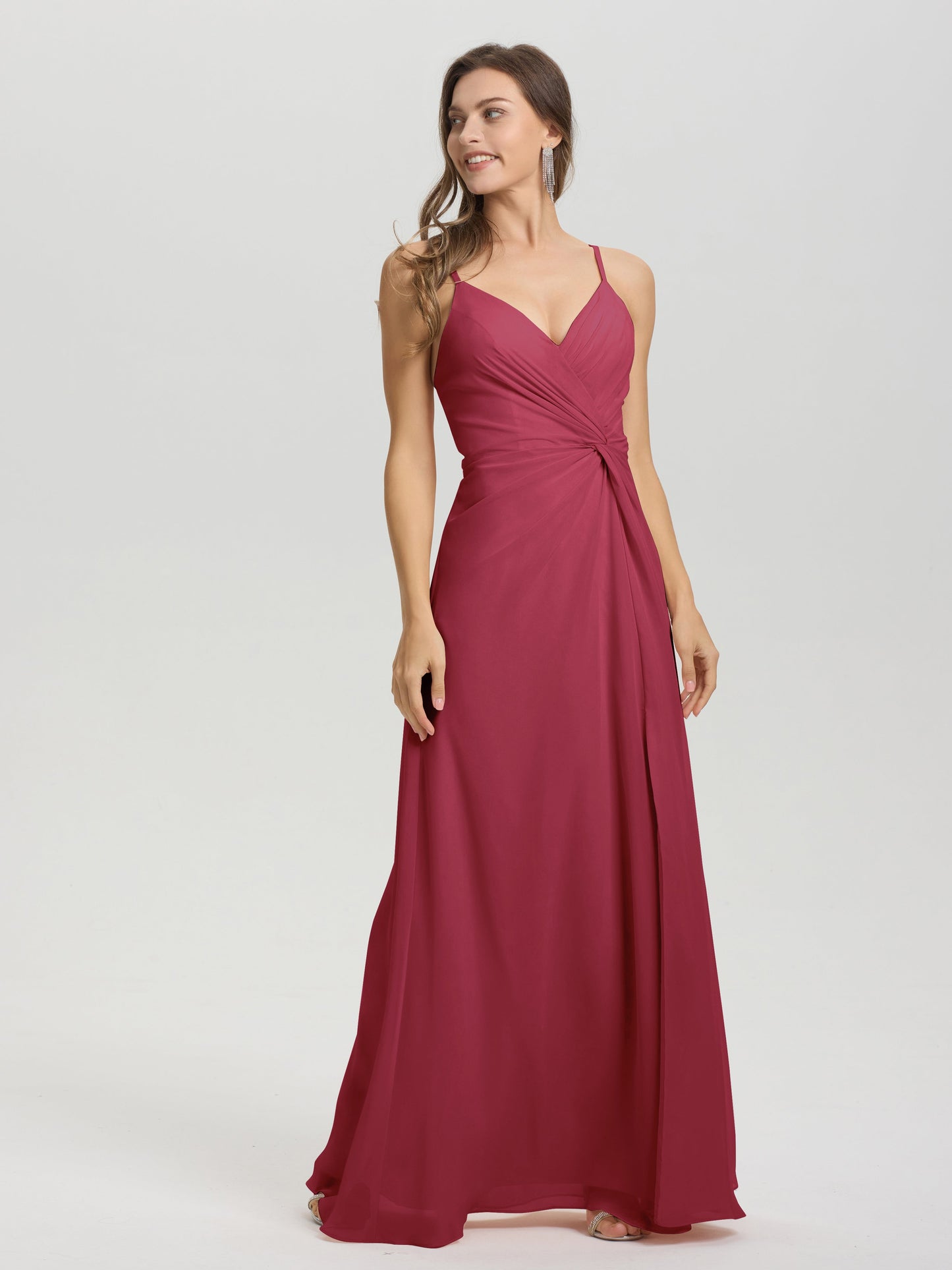 A-Line Spaghetti Straps Ruched Floor Length Chiffon Bridesmaid Dress
