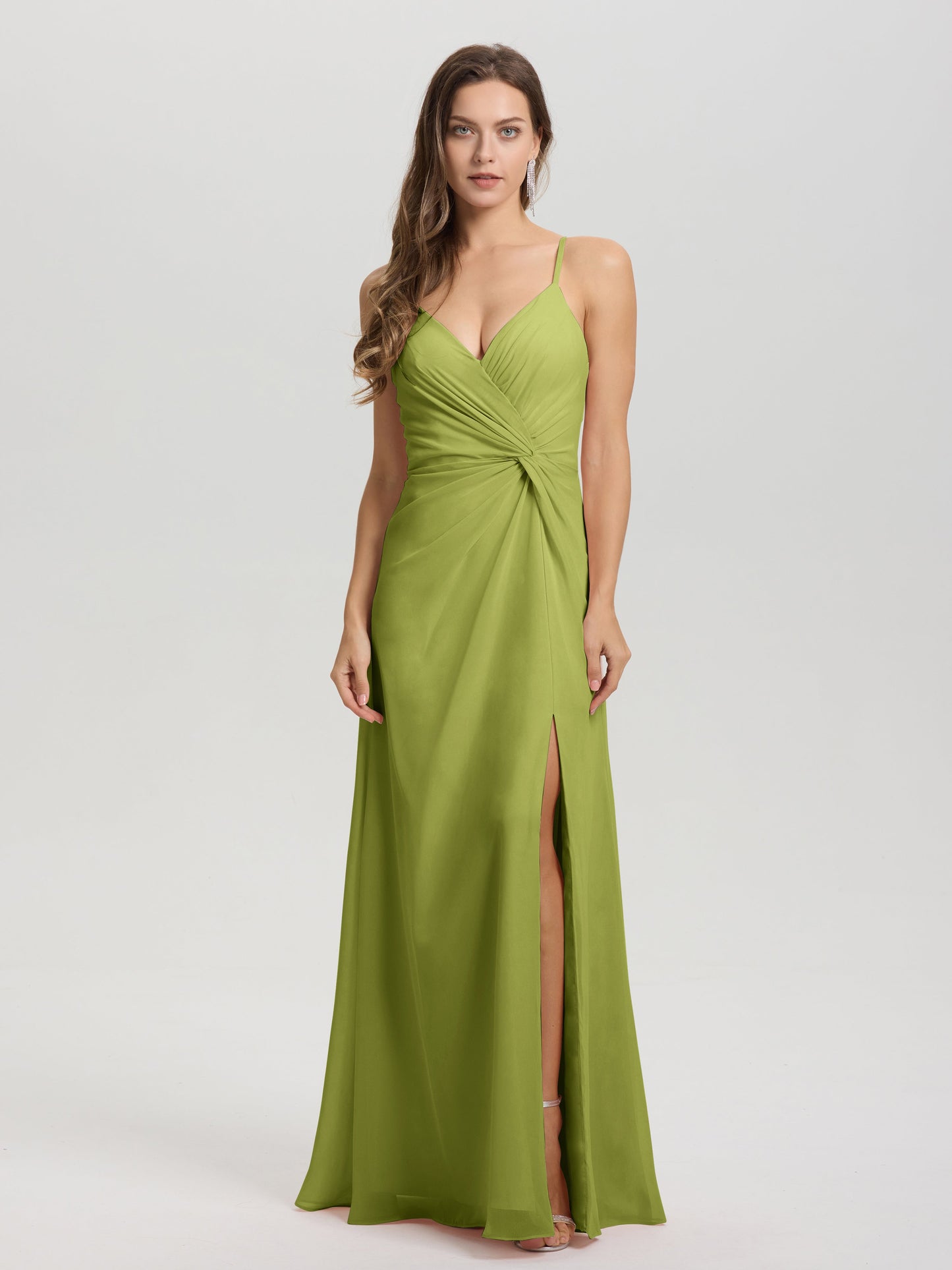 A-Line Spaghetti Straps Ruched Floor Length Chiffon Bridesmaid Dress