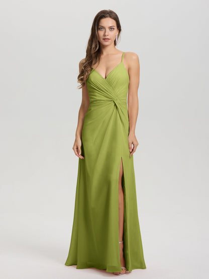 A-Line Spaghetti Straps Ruched Floor Length Chiffon Bridesmaid Dress