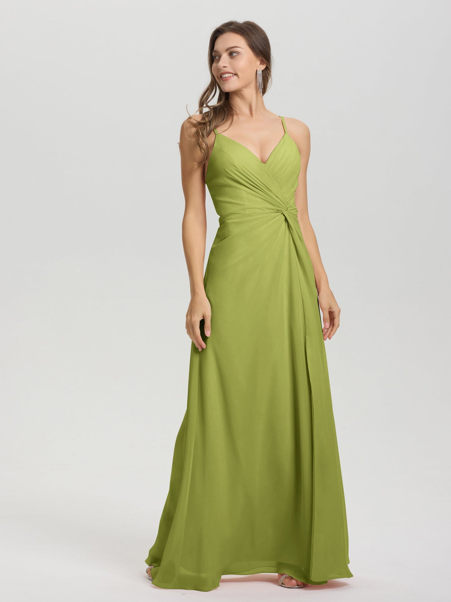 A-Line Spaghetti Straps Ruched Floor Length Chiffon Bridesmaid Dress