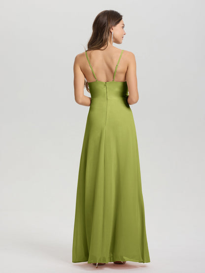 A-Line Spaghetti Straps Ruched Floor Length Chiffon Bridesmaid Dress