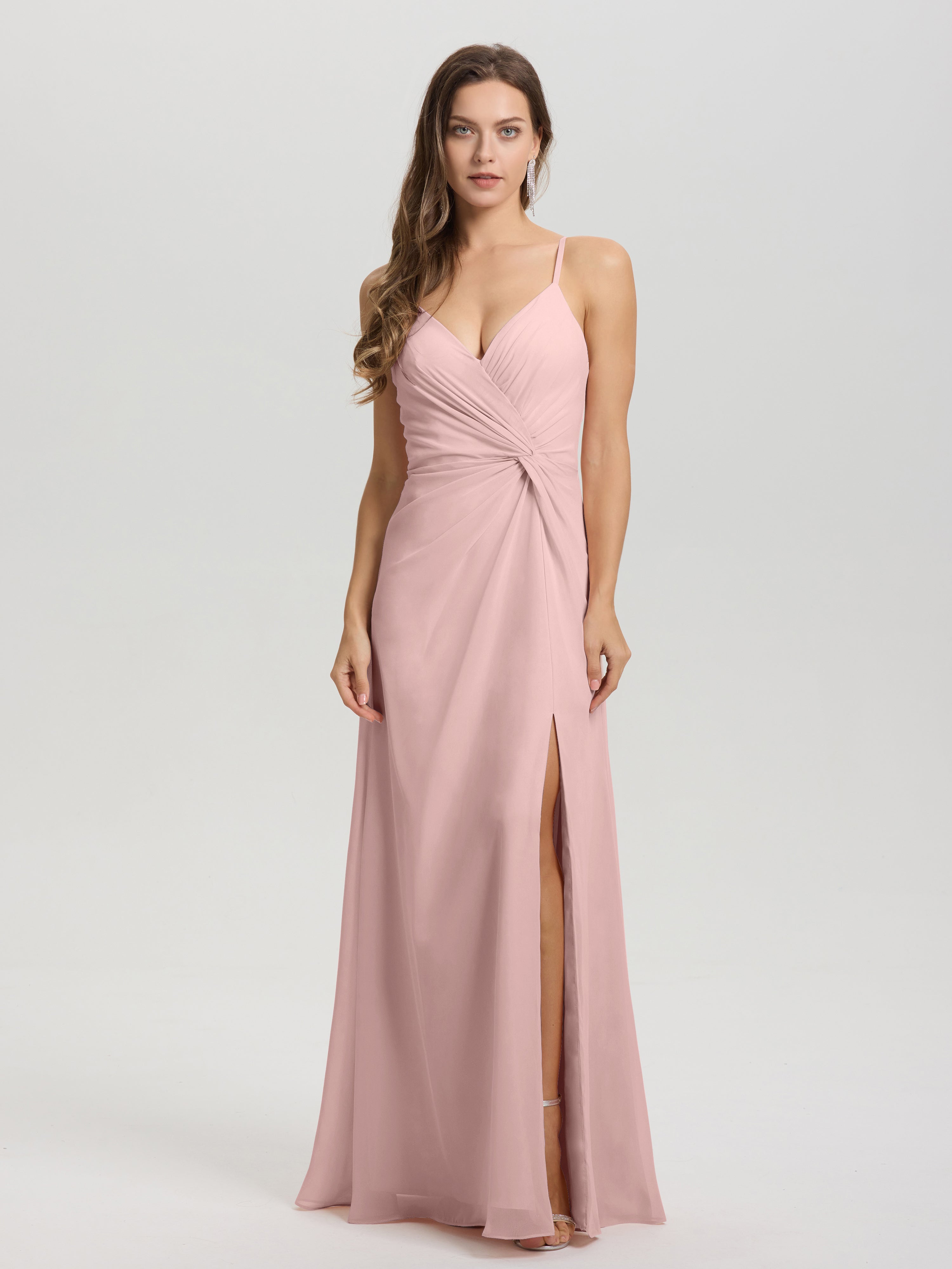 A-Line Spaghetti Straps Ruched Floor Length Chiffon Bridesmaid Dress