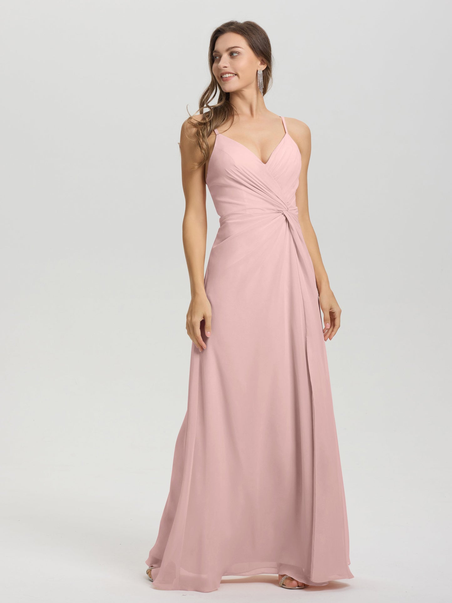 A-Line Spaghetti Straps Ruched Floor Length Chiffon Bridesmaid Dress