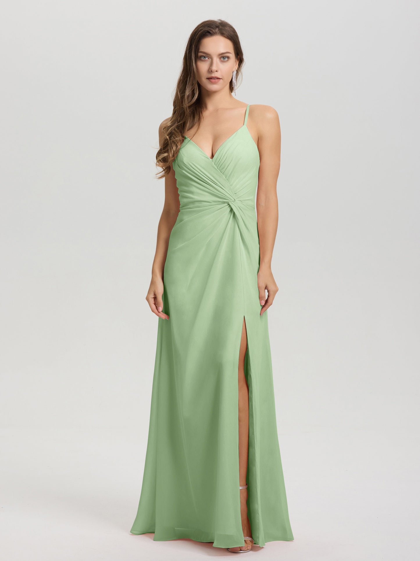 A-Line Spaghetti Straps Ruched Floor Length Chiffon Bridesmaid Dress
