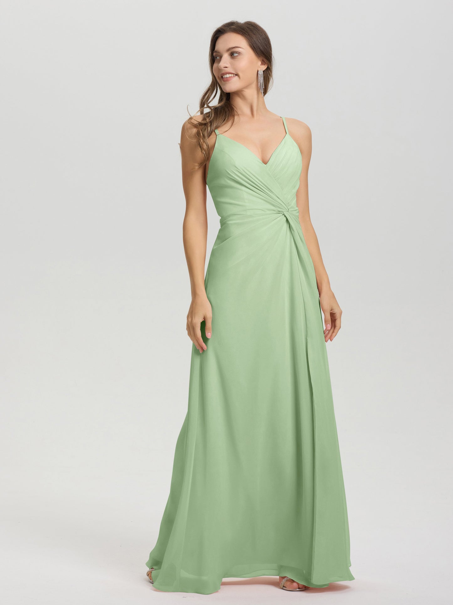A-Line Spaghetti Straps Ruched Floor Length Chiffon Bridesmaid Dress