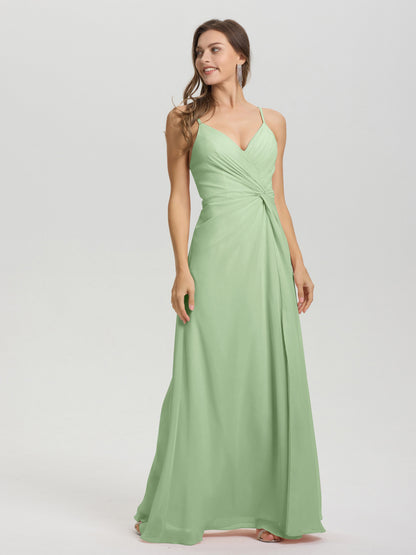 A-Line Spaghetti Straps Ruched Floor Length Chiffon Bridesmaid Dress